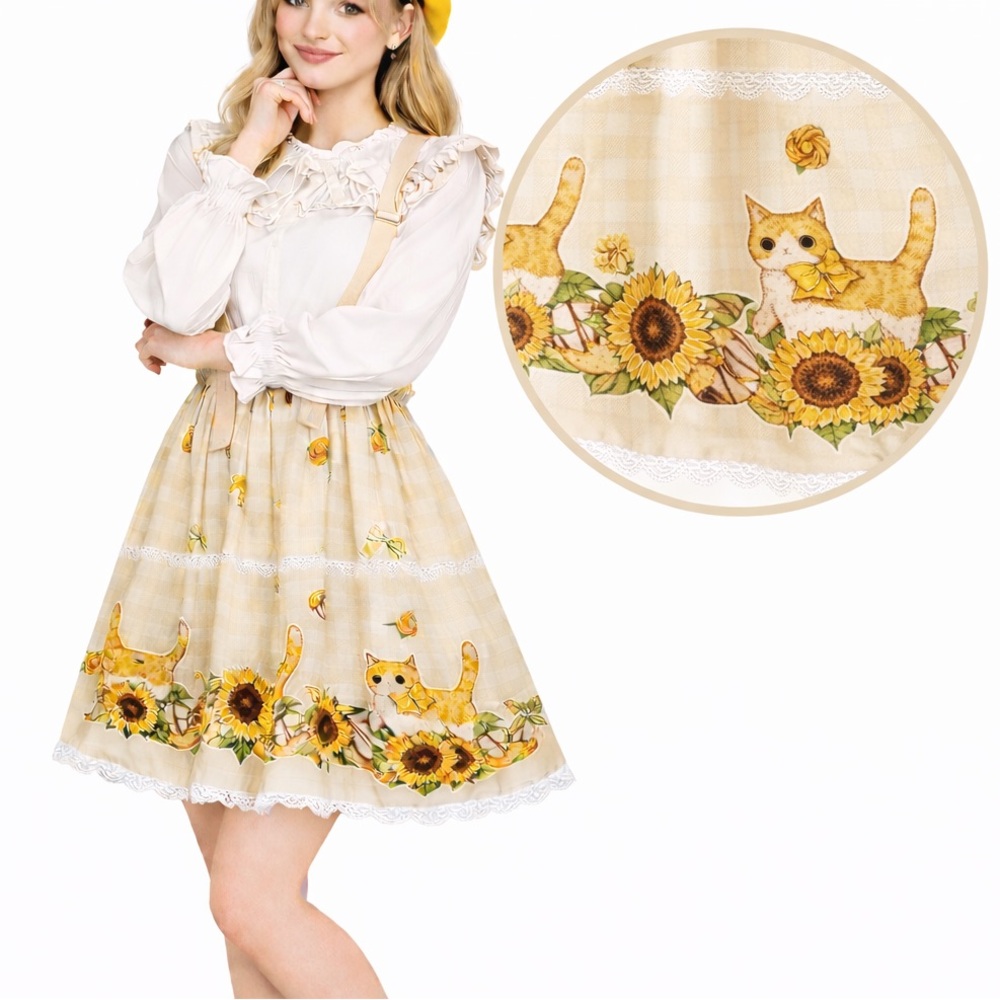 Maomi Boutique Cat Sunflower JSK Lolita Dress Gingham Suspender Skirt Small